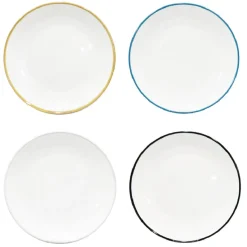 Lot de 4 assiettes plates rondes porcelaine blanche avec liseré coloré