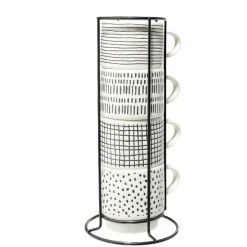 Lot de 4 tasses empilables 20cl porcelaine blanc et noir avec support métal