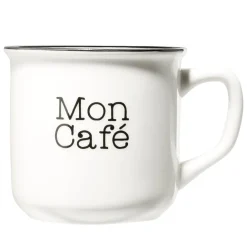 Mug café en porcelaine effet email blanc et bord noir Mon café 33cl H8,5cm