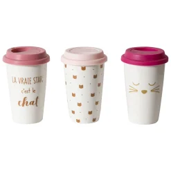 Mug de transport en céramique rose motif tête de chats doré 400 ml