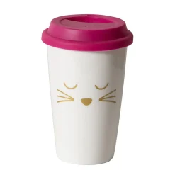 Mug de transport en céramique rose motif tête de chats doré 400 ml