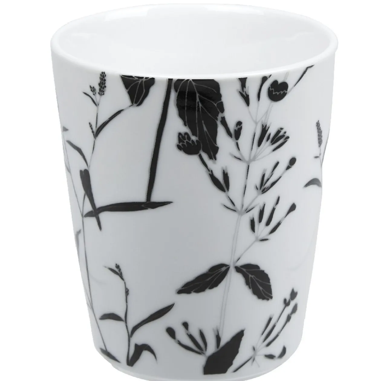 Mug noir décor tiges feuilles blanches