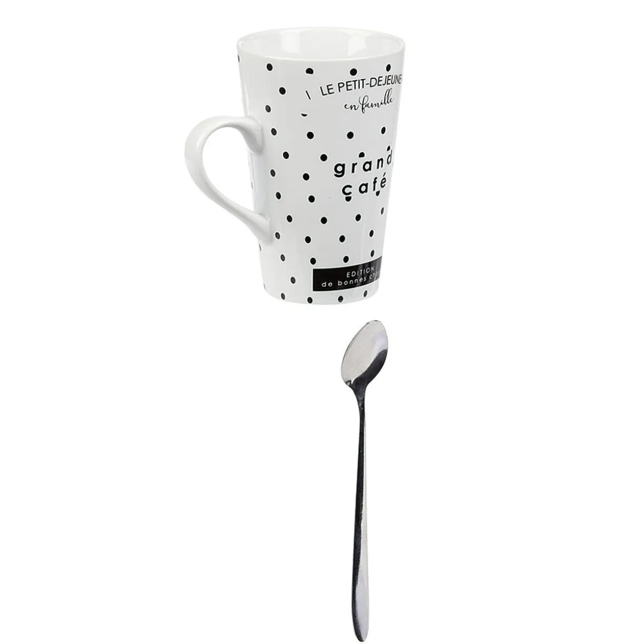 Mug porcelaine avec cuillère inox motif pois noir blanc 45 cl