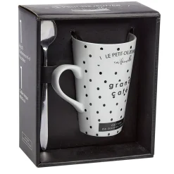 Mug porcelaine avec cuillère inox motif pois noir blanc 45 cl