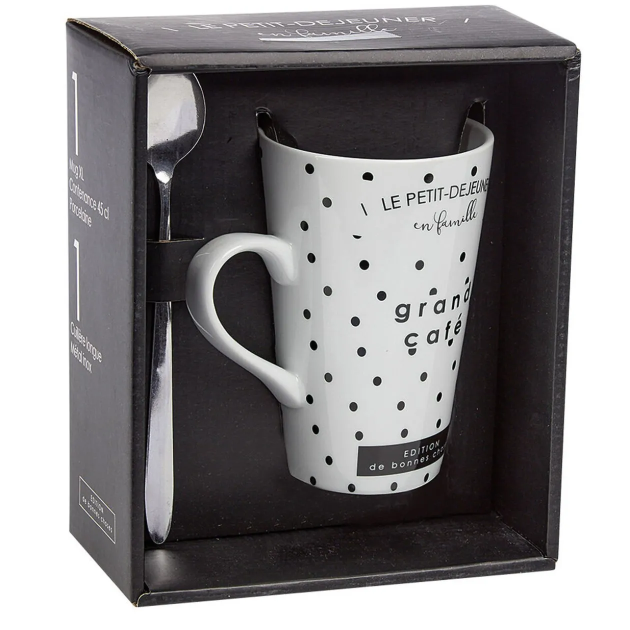 Mug porcelaine avec cuillère inox motif pois noir blanc 45 cl