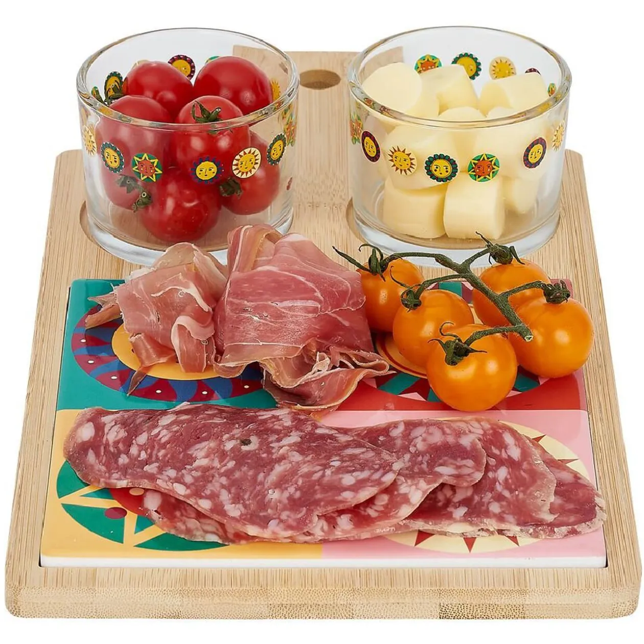 Planche de présentation apéritif bambou avec 2 ramequins 32x17x1cm