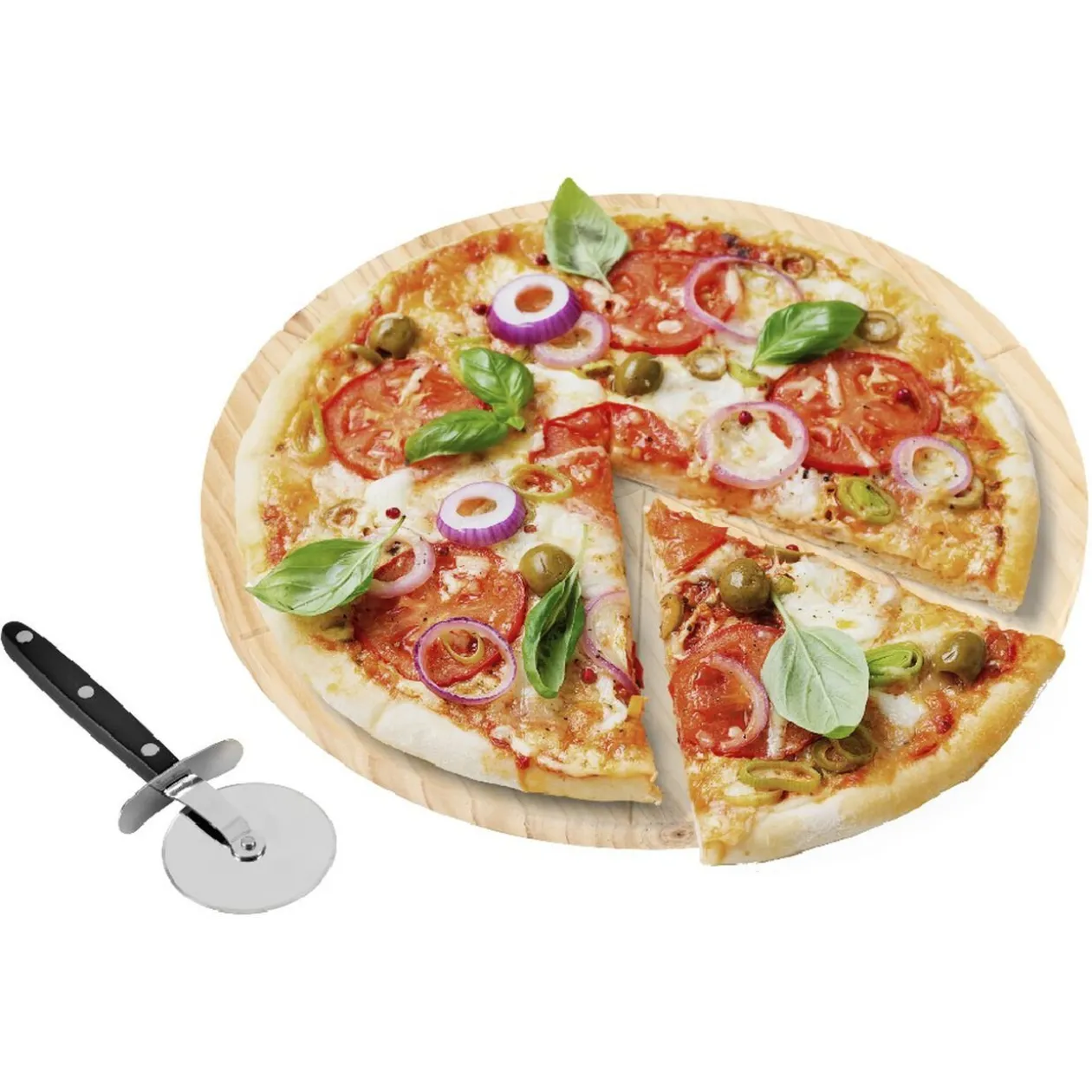 Planche ronde en bois et roulette à pizza