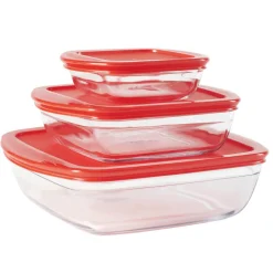 Plat en verre transparent Ôcuisine avec couvercle rouge x3