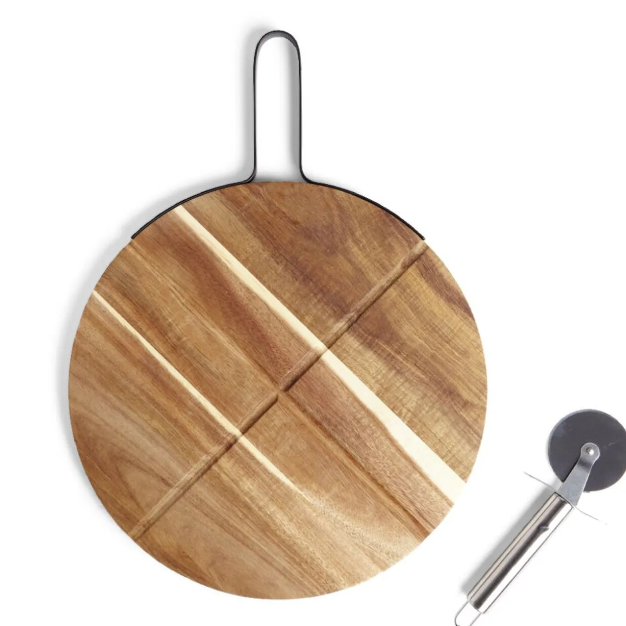 Plateau à pizza en bois avec roulette en acier