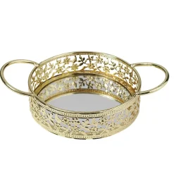 Plateau déco dorée fond en verre avec poignées