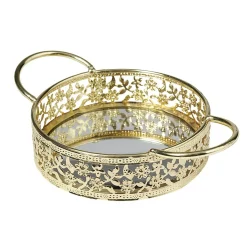 Plateau déco dorée fond en verre avec poignées
