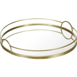 Plateau miroir rond contour métal doré