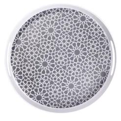 Plateau rond mélaminé motif géométrique blanc et bleu Ø34,5xH5cm