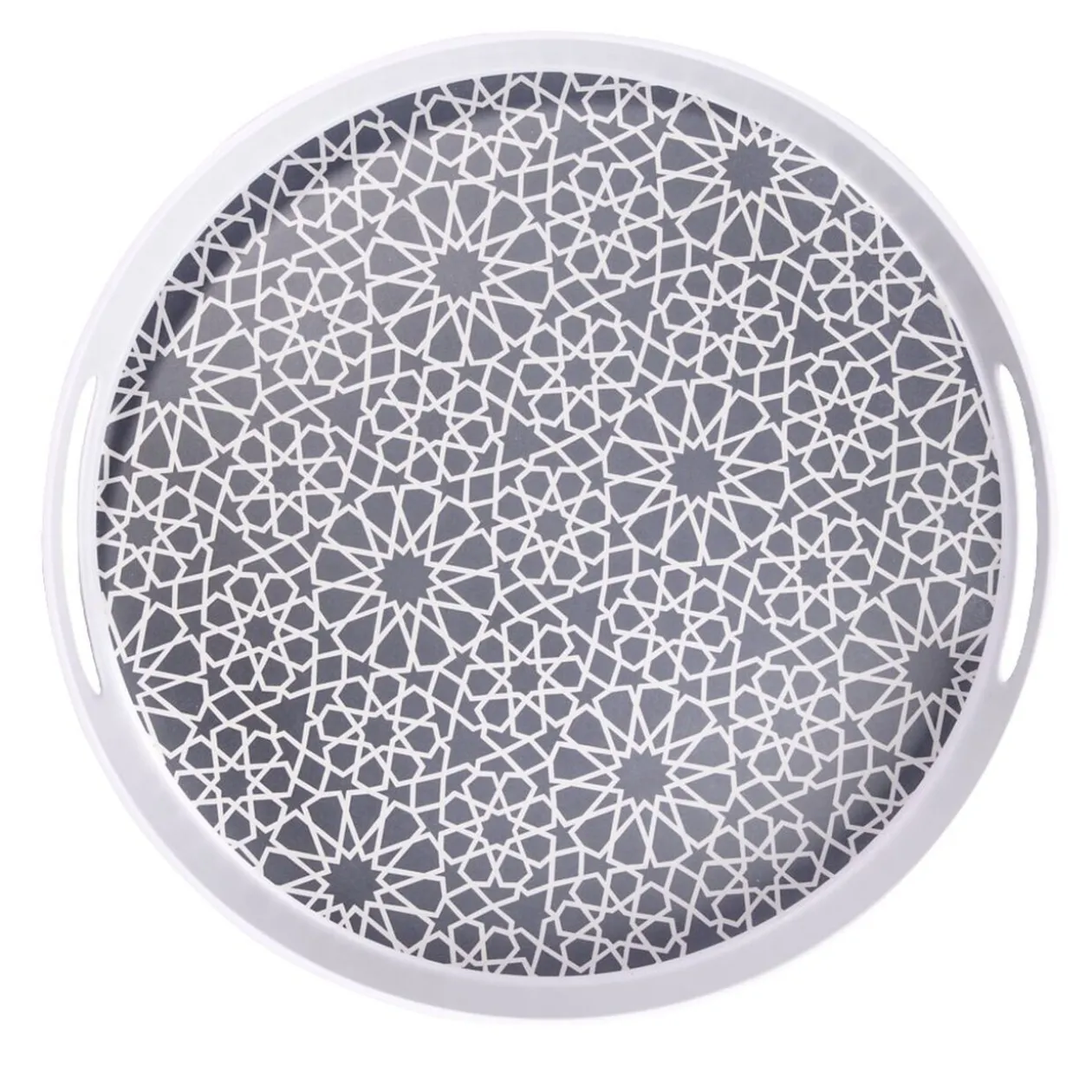 Plateau rond mélaminé motif géométrique blanc et bleu Ø34,5xH5cm