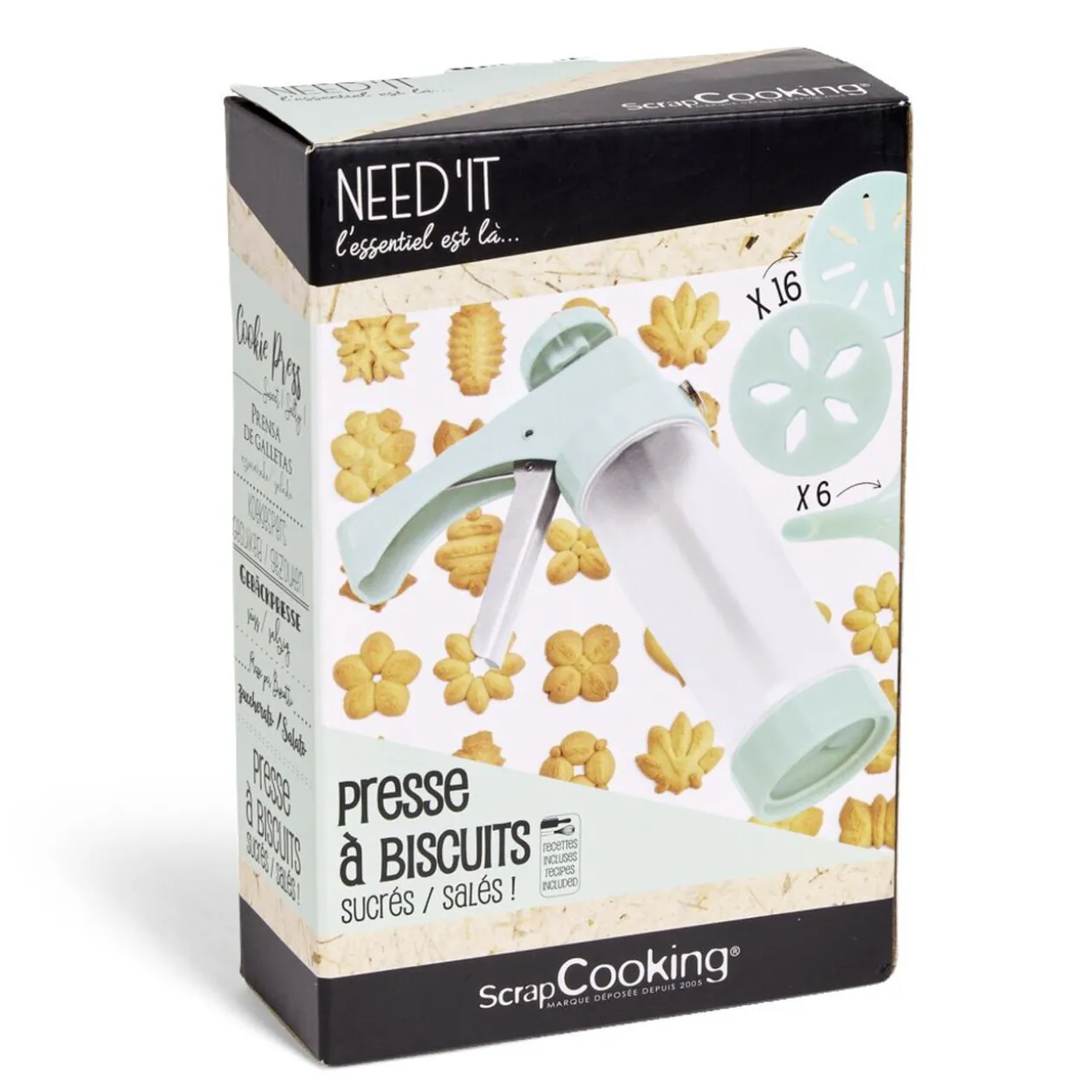 Presse à biscuits sucrés/salés 16 disques et 6 douilles