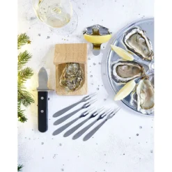 Service à huitres en inox et chêne 9 pièces