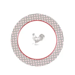 Service à vaisselle design campagne poule 12 pièces gris blanc rouge