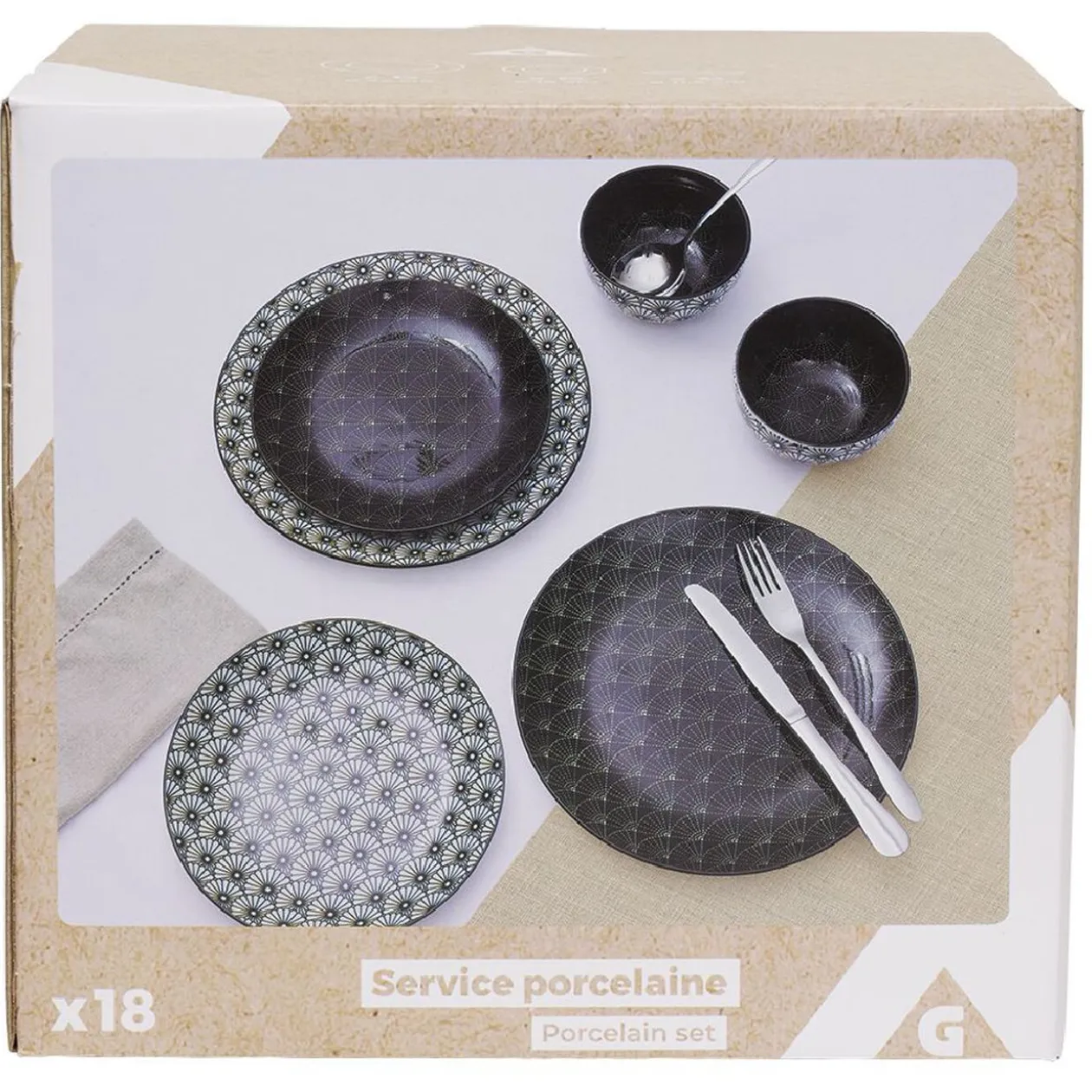 Service en porcelaine motif noir et blanc 18 pièces