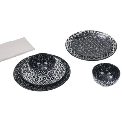 Service vaisselle en porcelaine 18 pièces motif graphique noir et blanc