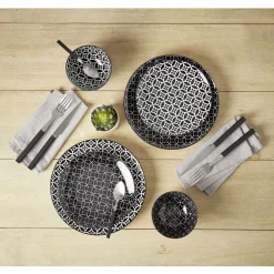Service vaisselle en porcelaine 18 pièces motif graphique noir et blanc