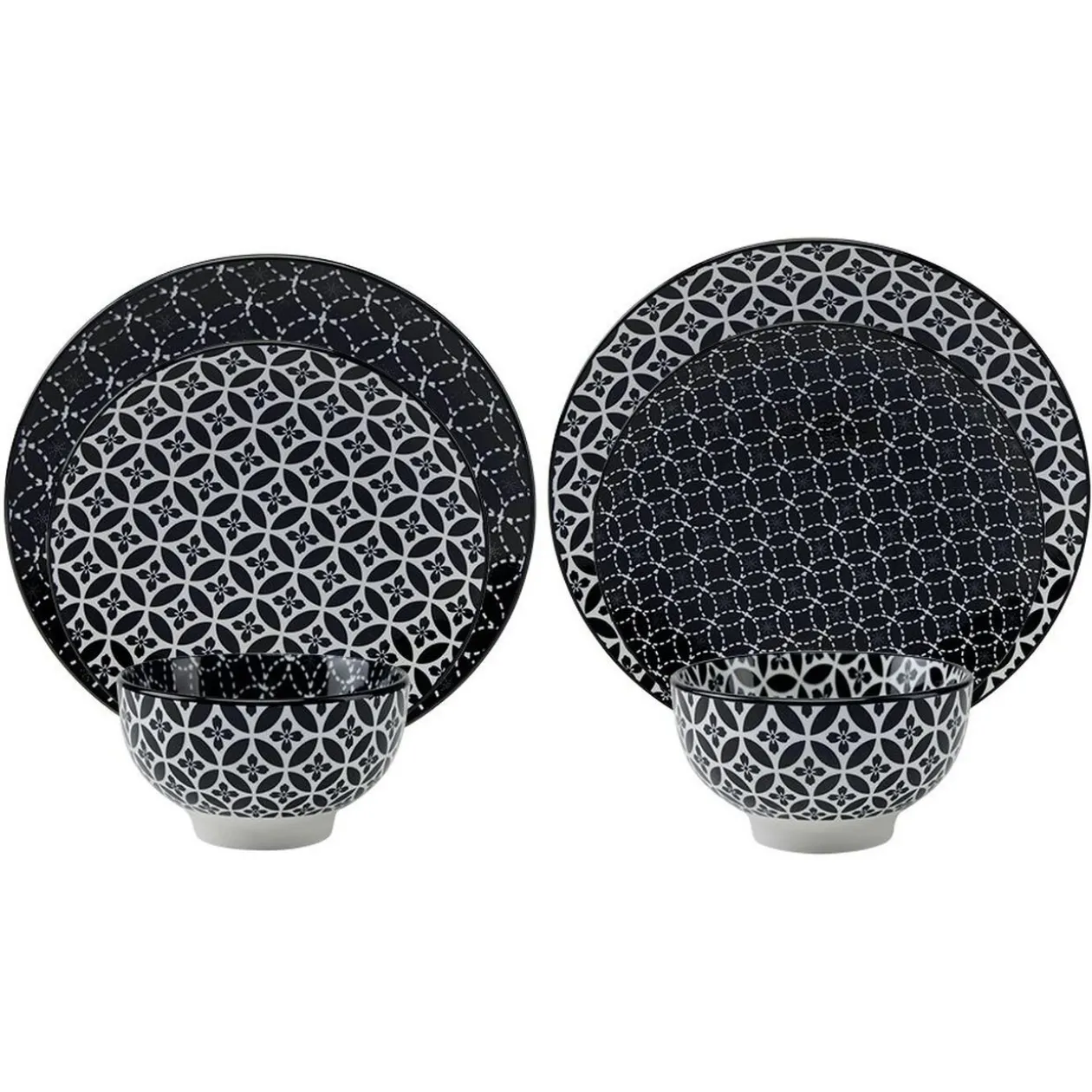 Service vaisselle en porcelaine 18 pièces motif graphique noir et blanc