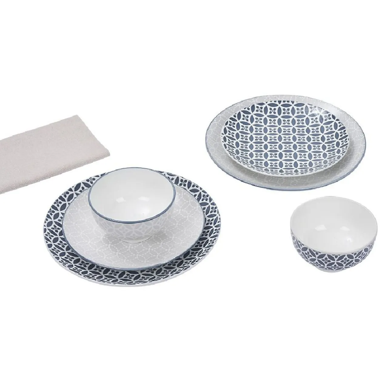 Service vaisselle en porcelaine 18 pièces motif graphique bleu et blanc