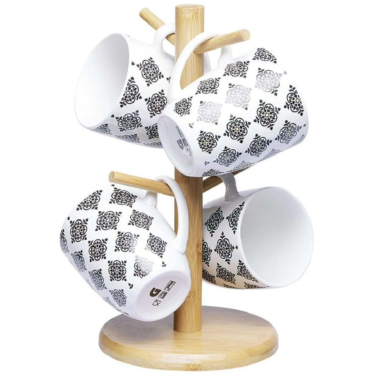 Set 4 mugs décor arabesque noir et blanc et support en bambou