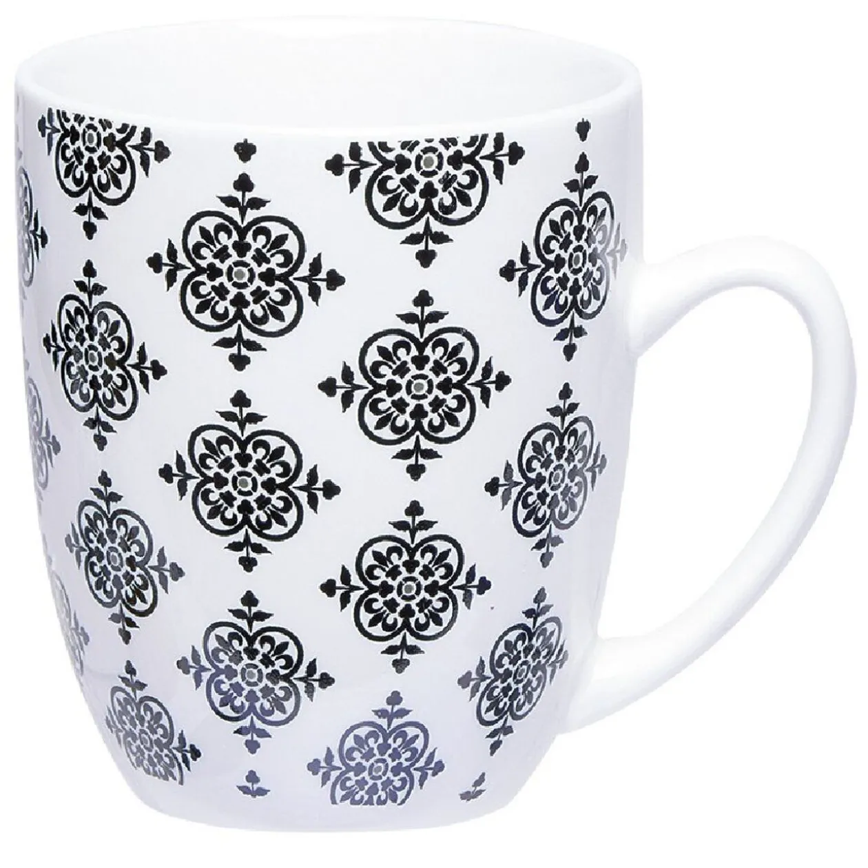 Set 4 mugs décor arabesque noir et blanc et support en bambou