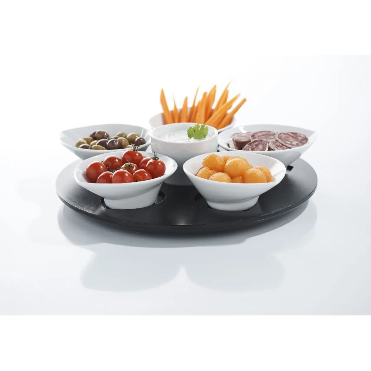 Set apéritif plateau tournant 6 coupelles noir et blanc