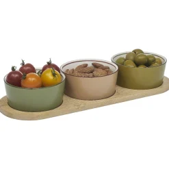 Set apéritif coupelle porcelaine x3 et support bambou