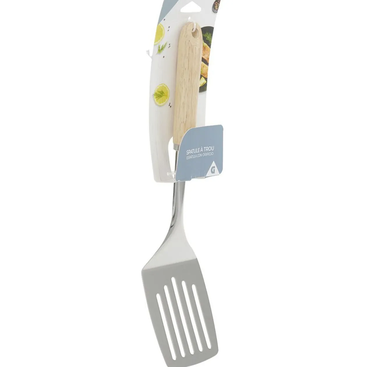 Spatule ajourée en inox avec manche en bois