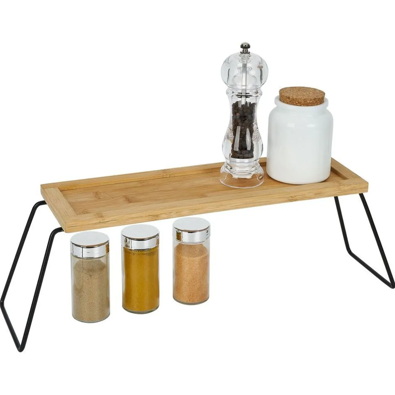 Étagère de rangement en bambou et pieds en métal noir 36x12xH15cm