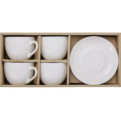 Tasse embossée avec sous-tasse faïence blanc x4