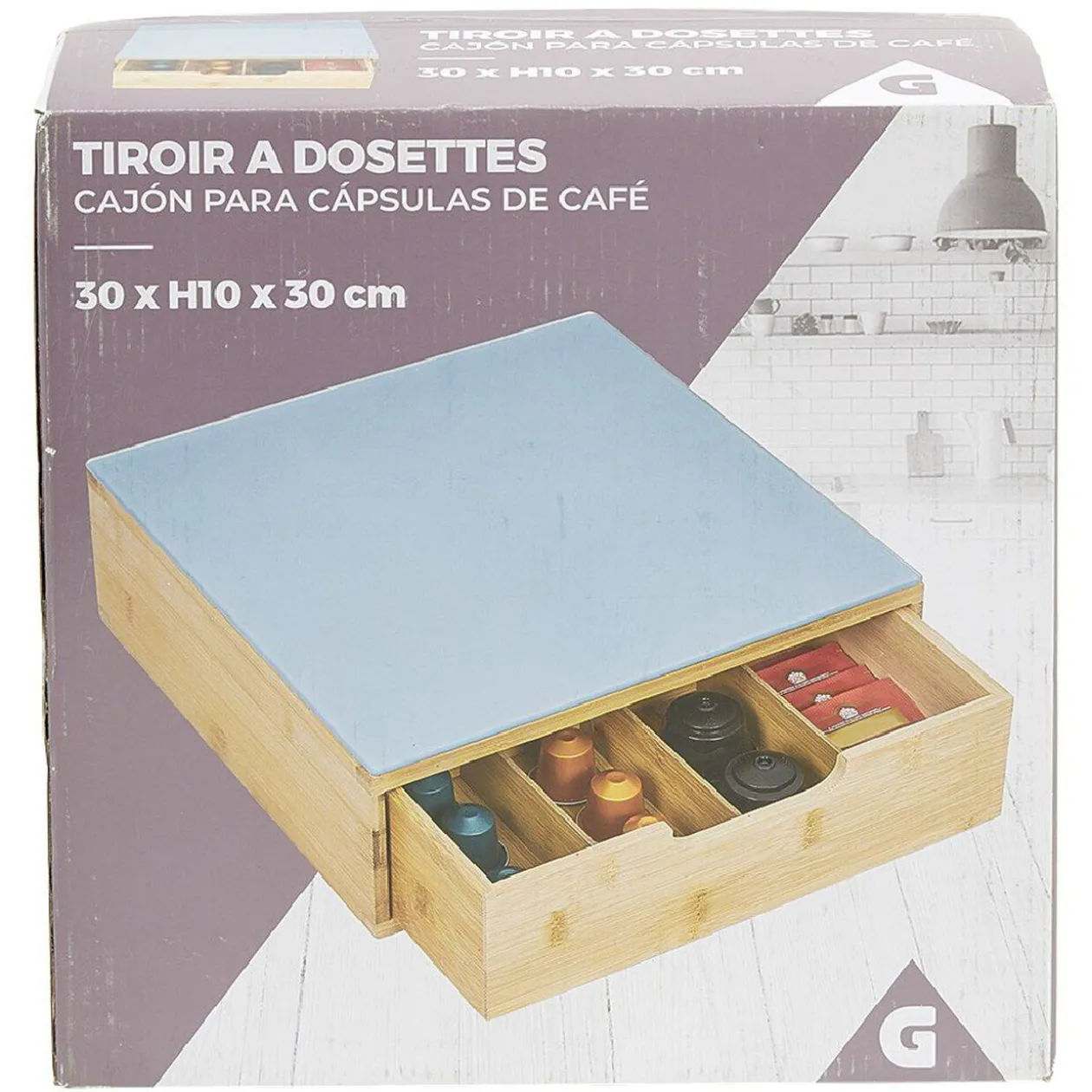 Tiroir à dosettes en bambou avec plateau en verre