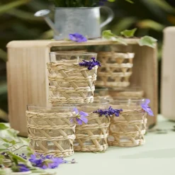 Verre haut transparent avec raphia Ø8xH12,5cm